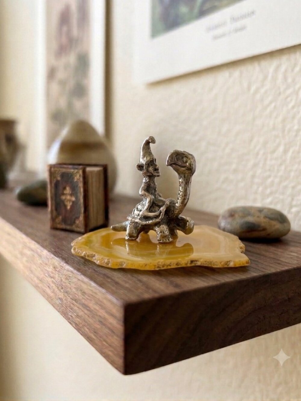Yellow Agate with Pewter Silver Gnome on Top of a Turtle Figurine NWOT